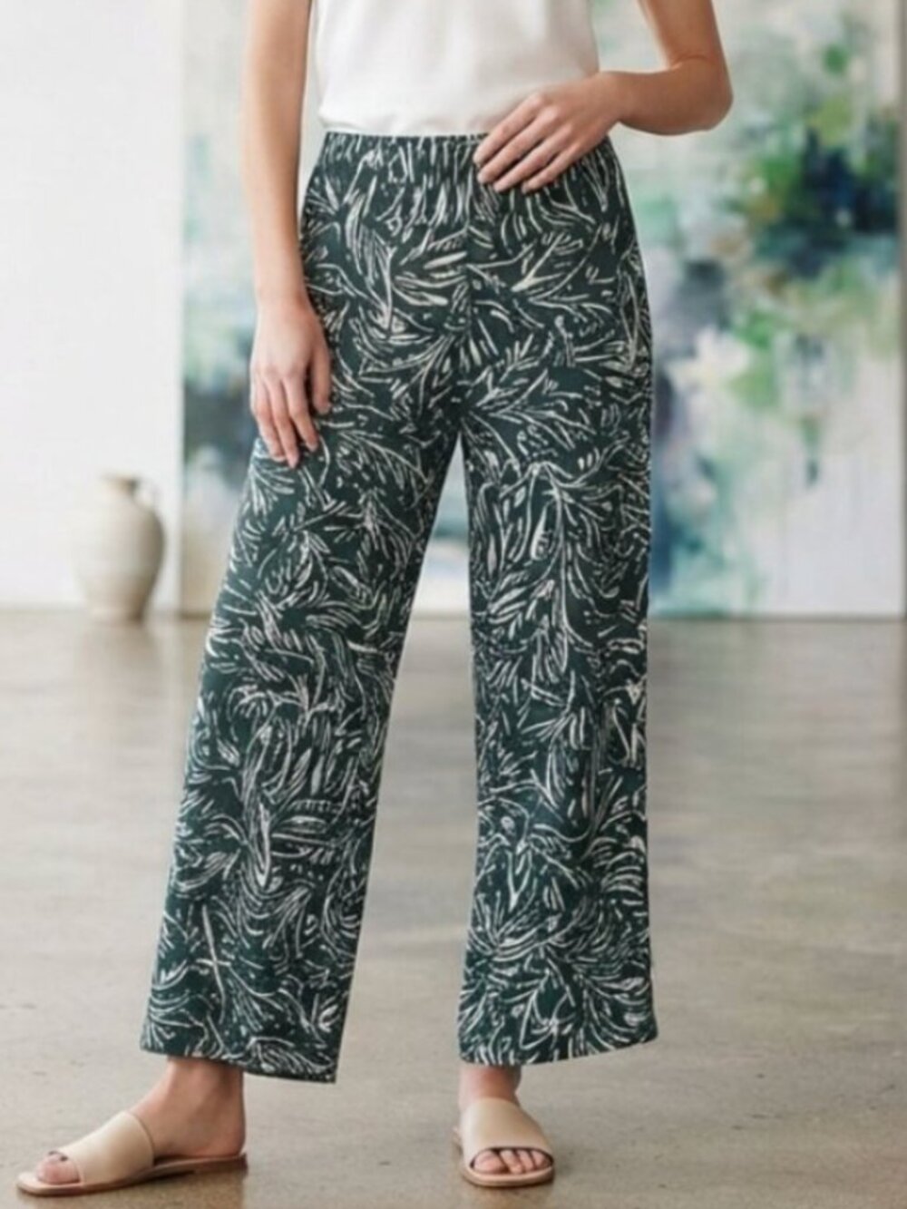 Alfani Green & White Abstract Leaf Print Straight Leg Pull On Pants Size M Like